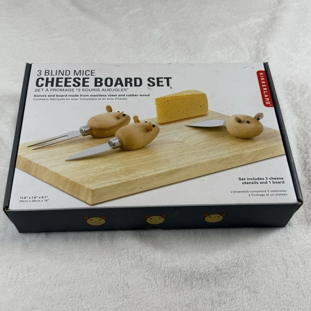 Kikkerland 3 Blind Mice Cheese Board Set Wood Board Mouse Knives Complete